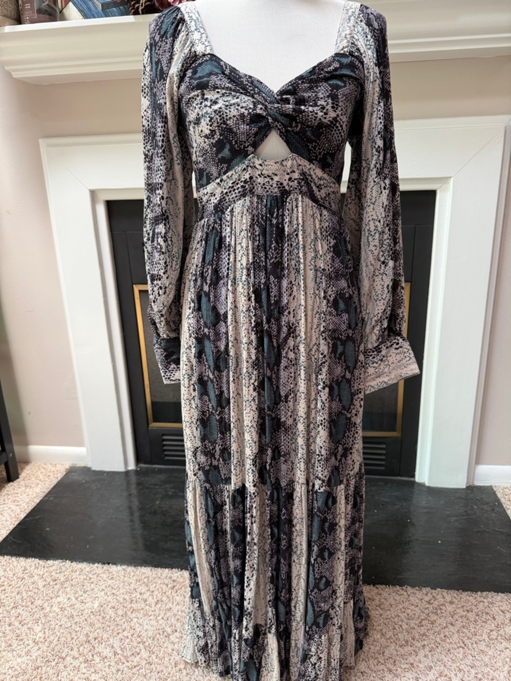Angie Snake-Print Twist-Front Maxi Dress in Black, Cream and Teal